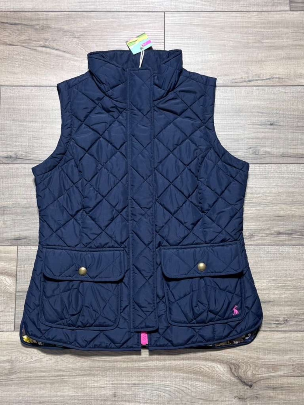 Joules Womens Diamond Quilted Full Zip‎ Vest Floral Lining Size US 6 Navy Blue